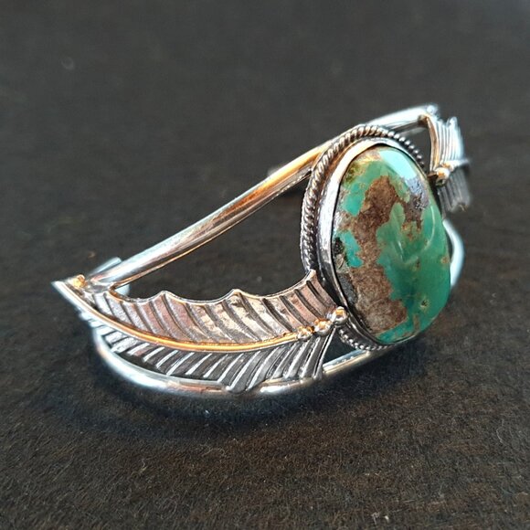 Vintage Pre-1950s Native American Sterling Genuine Turquoise Feather Bracelet - Picture 3 of 14